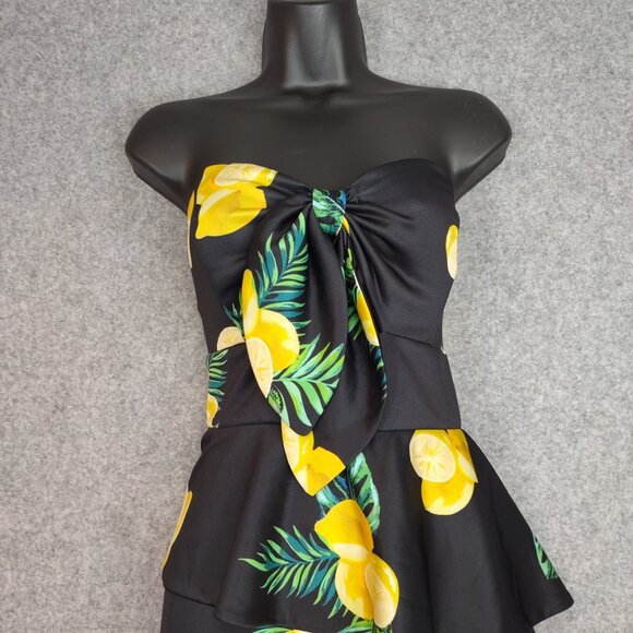 ASOS Dress Womens Size 12 Black Lemons Summer Side Slit Strapless Midi Frills - Picture 3 of 15